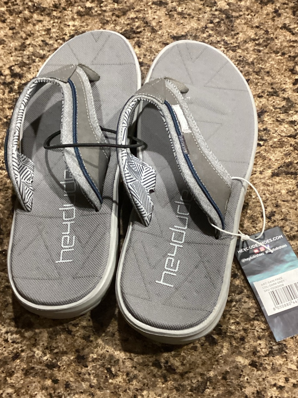 Hey Dude Men’s Gray Flip-Flops with Patterned Strap Trim